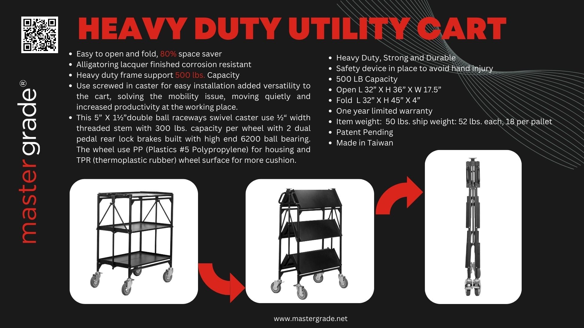 Master Grade Collapsible 3-Tier Utility Cart - BC-3000 Easy to move on uneven surfaces