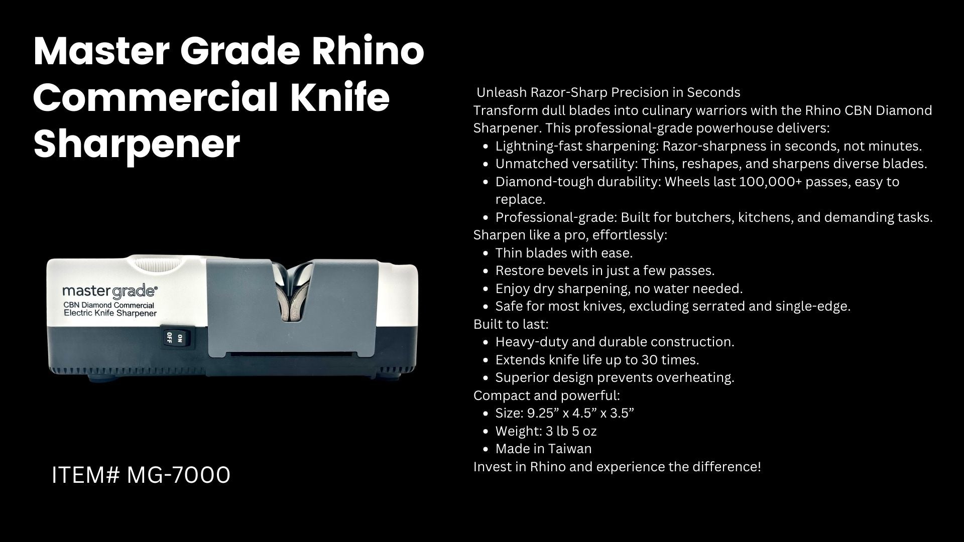 Rhino Commercial Knife Sharpener CBN Diamond Commercial Sharpener. MG-7000