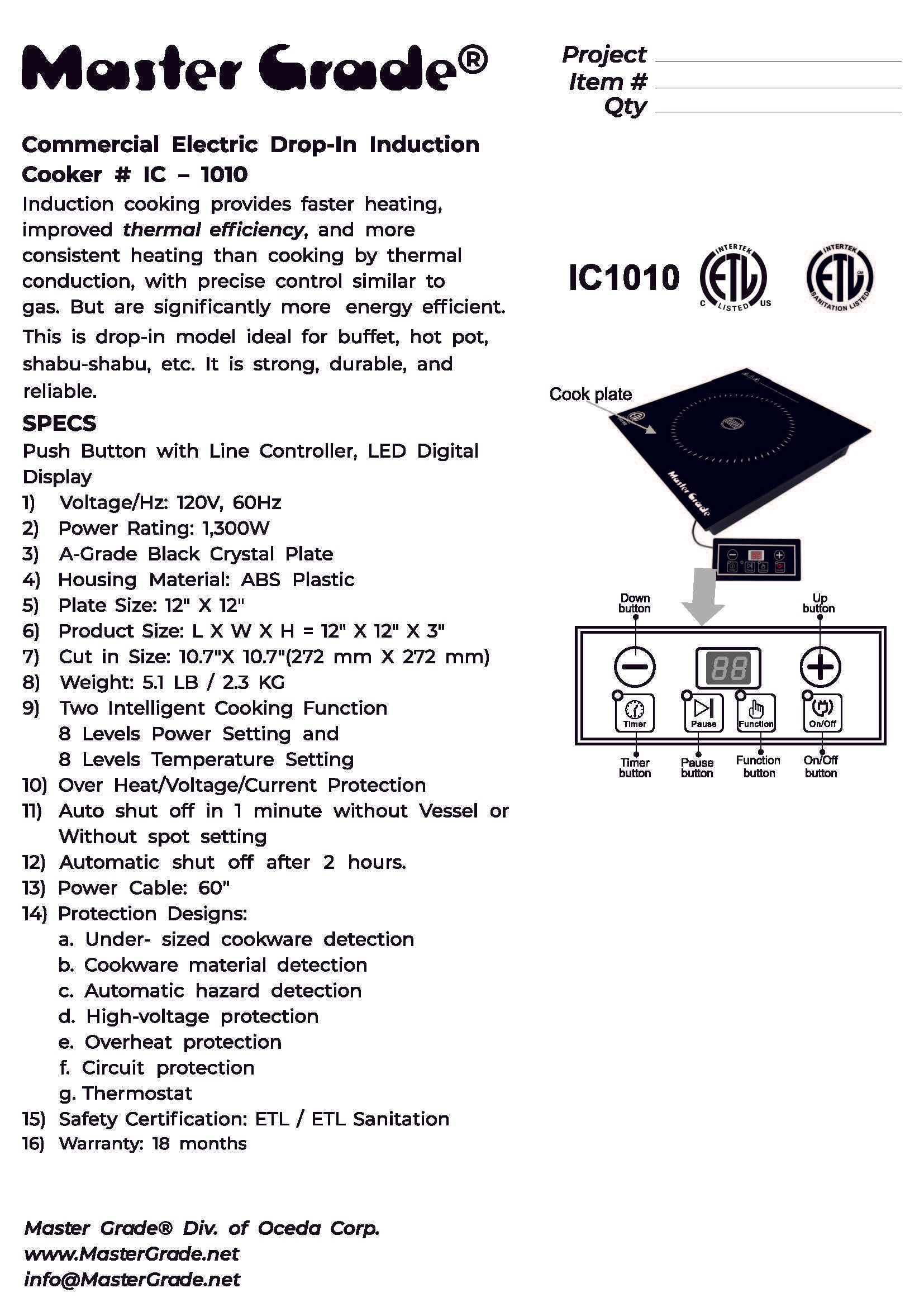 Commercial Induction Cooker, IC-1010  120V 1,300W; 10 level power; size: 11.9" X 11.9" X 3"; ETL sanitation.